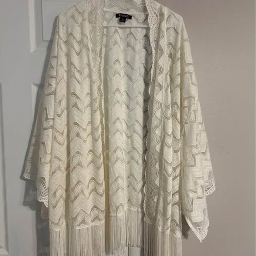 Roaman’s 3X 30/32 Ivory Lace Kimono Cardigan Fringe Open Front Plus Size Boho